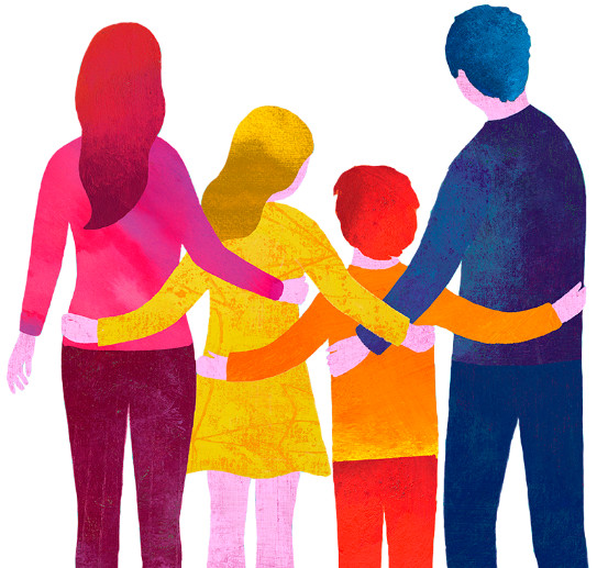 Illustration of a family of four holding each other